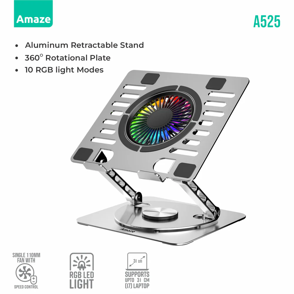 Amaze Single Fan RGB Aluminium Laptop Cooling Pad / Laptop Stand | A525