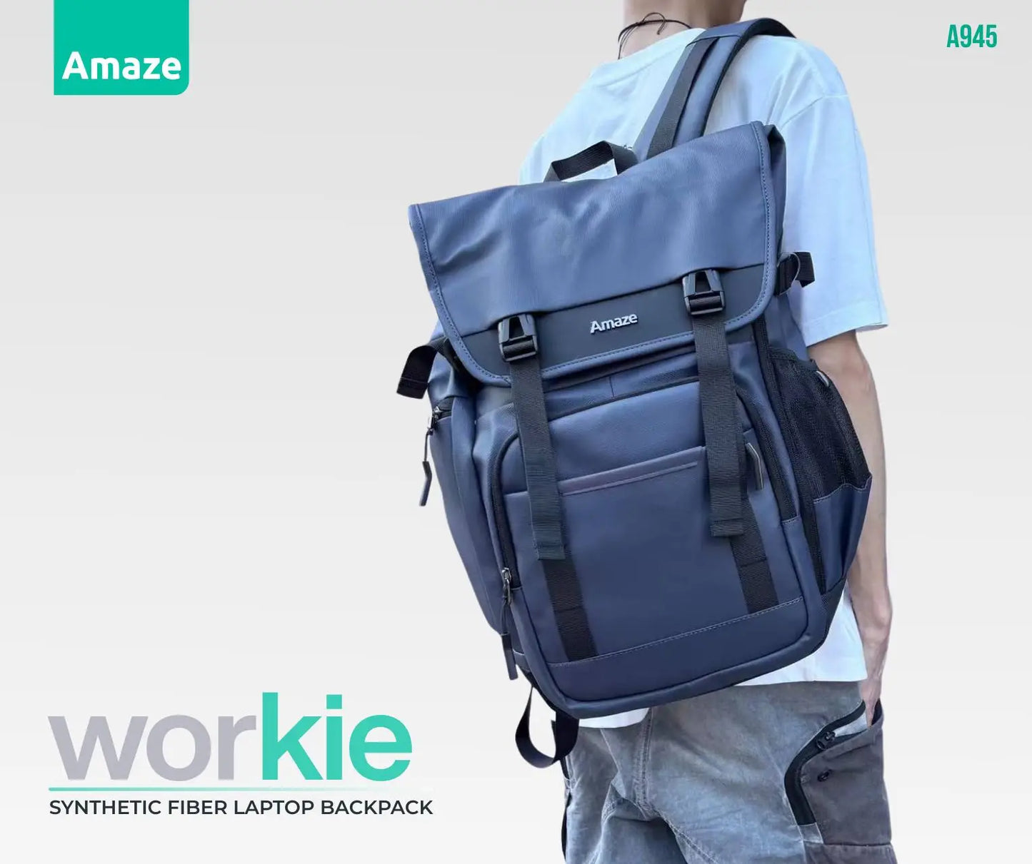 Amaze Workie Synthetic Fiber Premium 17" Laptop Backpack | A945 | Black/Blue/Green