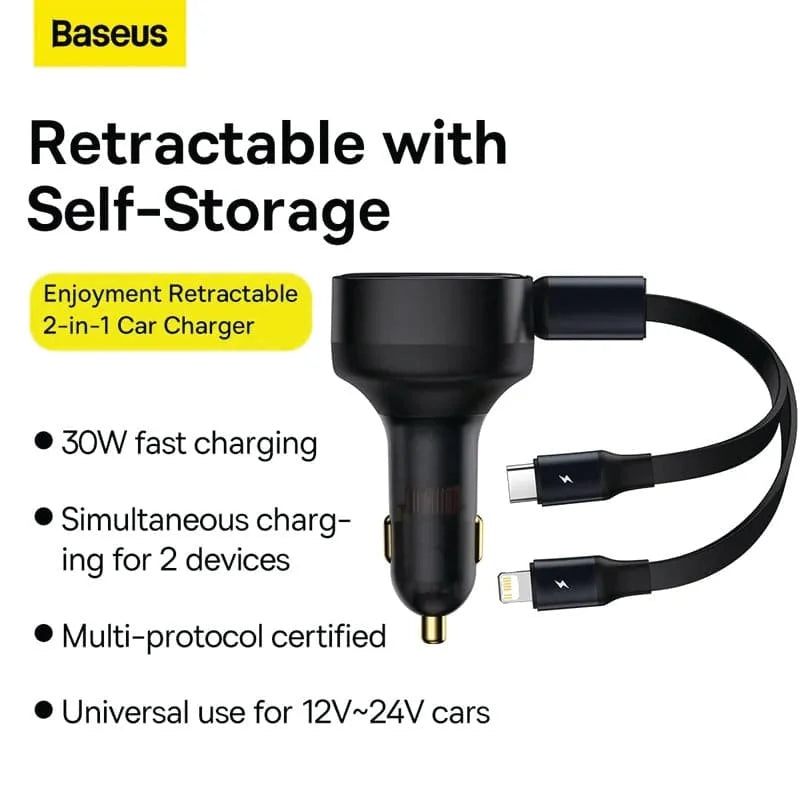 Baseus 30W Car Charger C&L Cable | Enjoyment Retractable 2-in-1