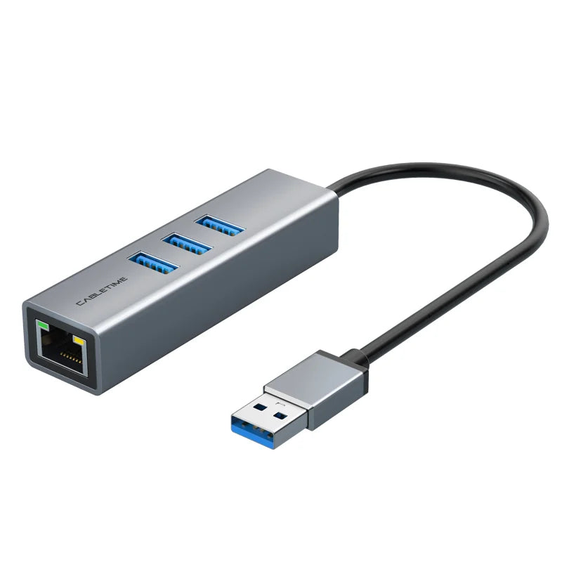 CABLETIME USB-A to 3xUSB-A + RJ45 Ethernet LAN Adapter | CB55G