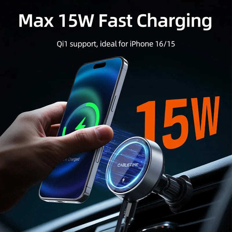 Cabletime 15W Magnetic Wireless + 20W Wired Retractable Car Charging MagSafe Phone Holder | CE13B