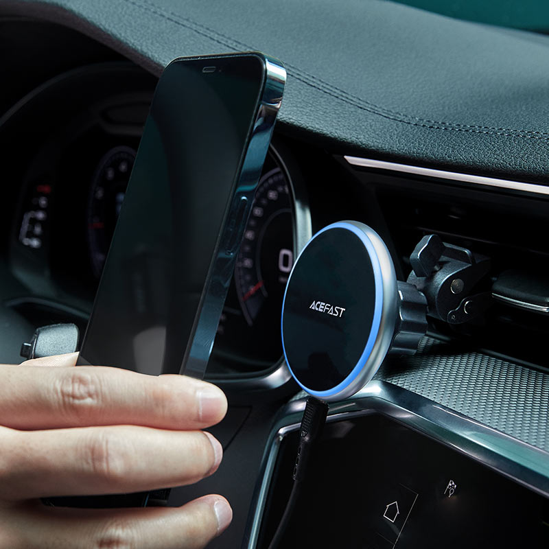 Acefast 15W Fast Wireless Charging Magsafe Metal Car Phone Holder - Black Grey with Ring light - D3