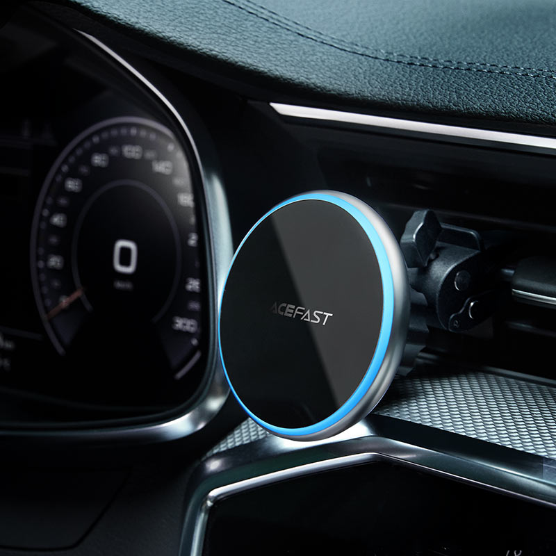 Acefast 15W Fast Wireless Charging Magsafe Metal Car Phone Holder - Black Grey with Ring light - D3