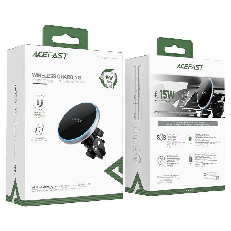 Acefast 15W Fast Wireless Charging Magsafe Metal Car Phone Holder - Black Grey with Ring light - D3