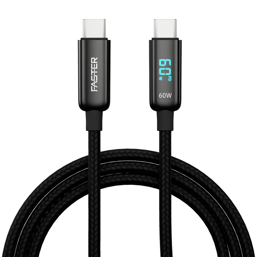 Faster 60W Nylon Braided Type-C to Type-C Cable with LED Display
