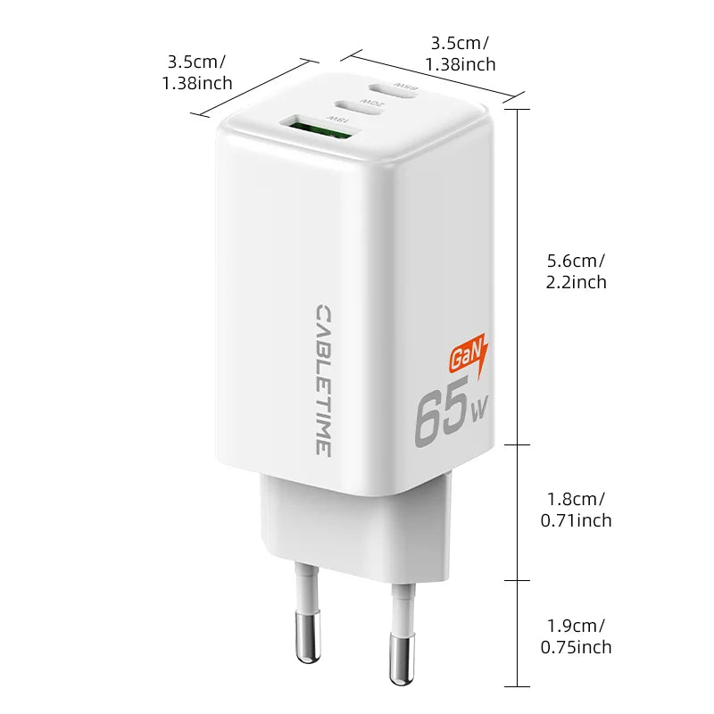 Cabletime 65W Dual Port GaN Wall Charger | 2C+1A | G65AW