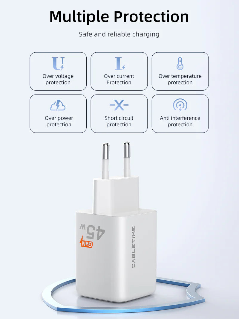 Cabletime 45W Dual Port GaN Wall Charger | 1C+1A | GA45W