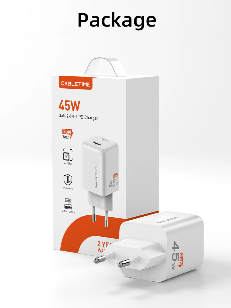 Cabletime 45W Dual Port GaN Wall Charger | 1C+1A | GA45W