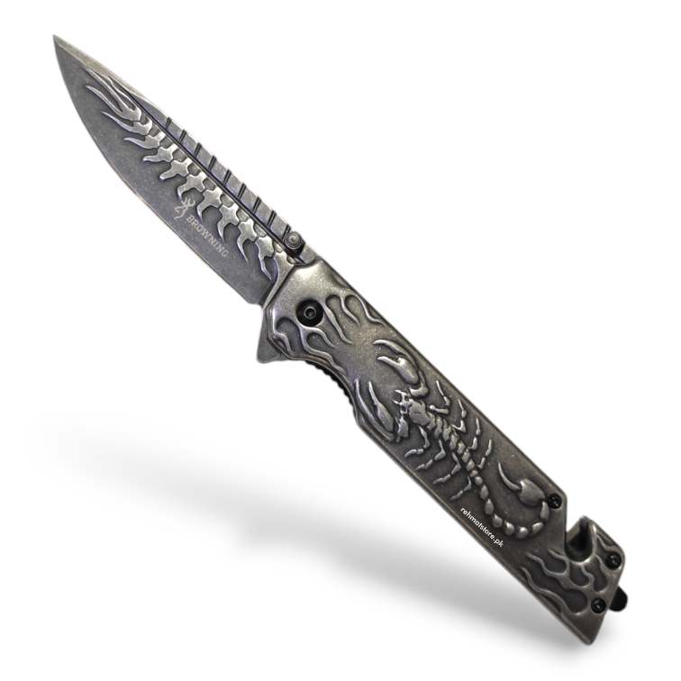 Stainless Steel Scorpion Browning Knife with Window Breaker, Seat Belt Cutter & Belt Clip | Blue