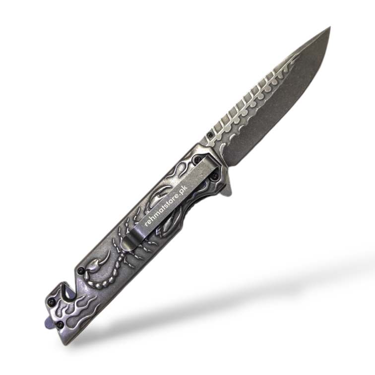 Stainless Steel Scorpion Browning Knife with Window Breaker, Seat Belt Cutter & Belt Clip | Blue