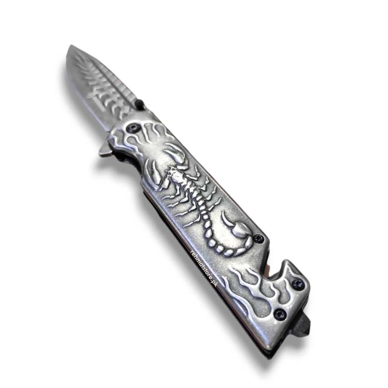 Stainless Steel Scorpion Browning Knife with Window Breaker, Seat Belt Cutter & Belt Clip | Blue