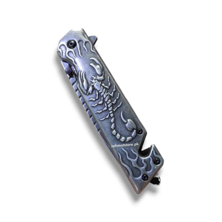 Stainless Steel Scorpion Browning Knife with Window Breaker, Seat Belt Cutter & Belt Clip | Blue