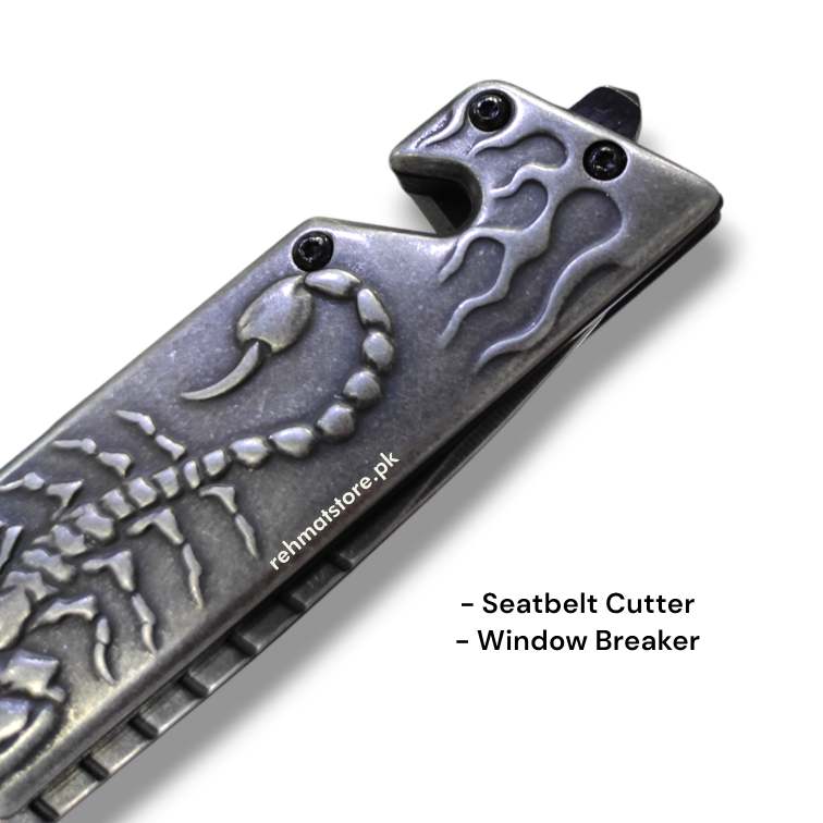 Stainless Steel Scorpion Browning Knife with Window Breaker, Seat Belt Cutter & Belt Clip | Blue