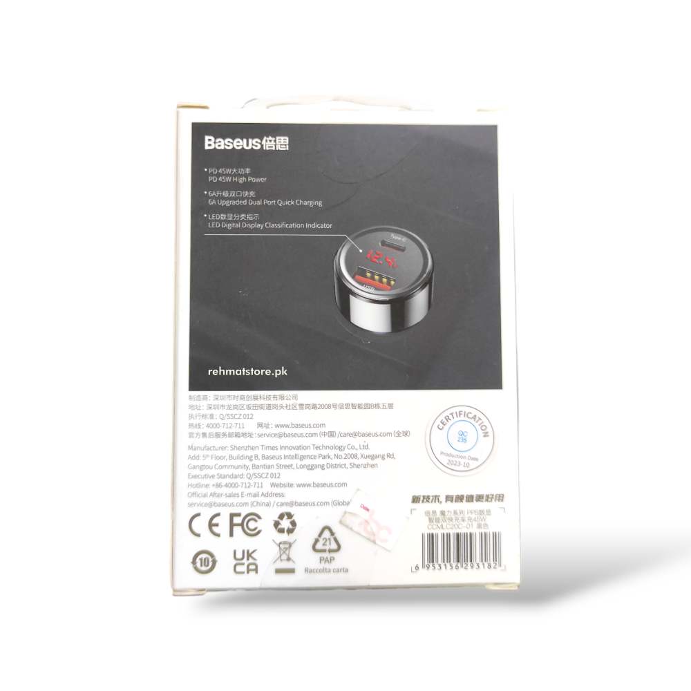 Baseus PPS Digital Display (PD+QC) Intelligent Quick Charger with USB + Type C Port