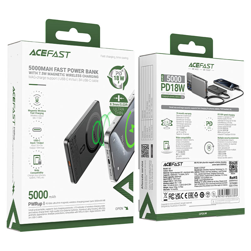 Acefast 18W/7.5W 5000mAh 8.3mm Super-slim Magsafe Metal PowerBank - Black