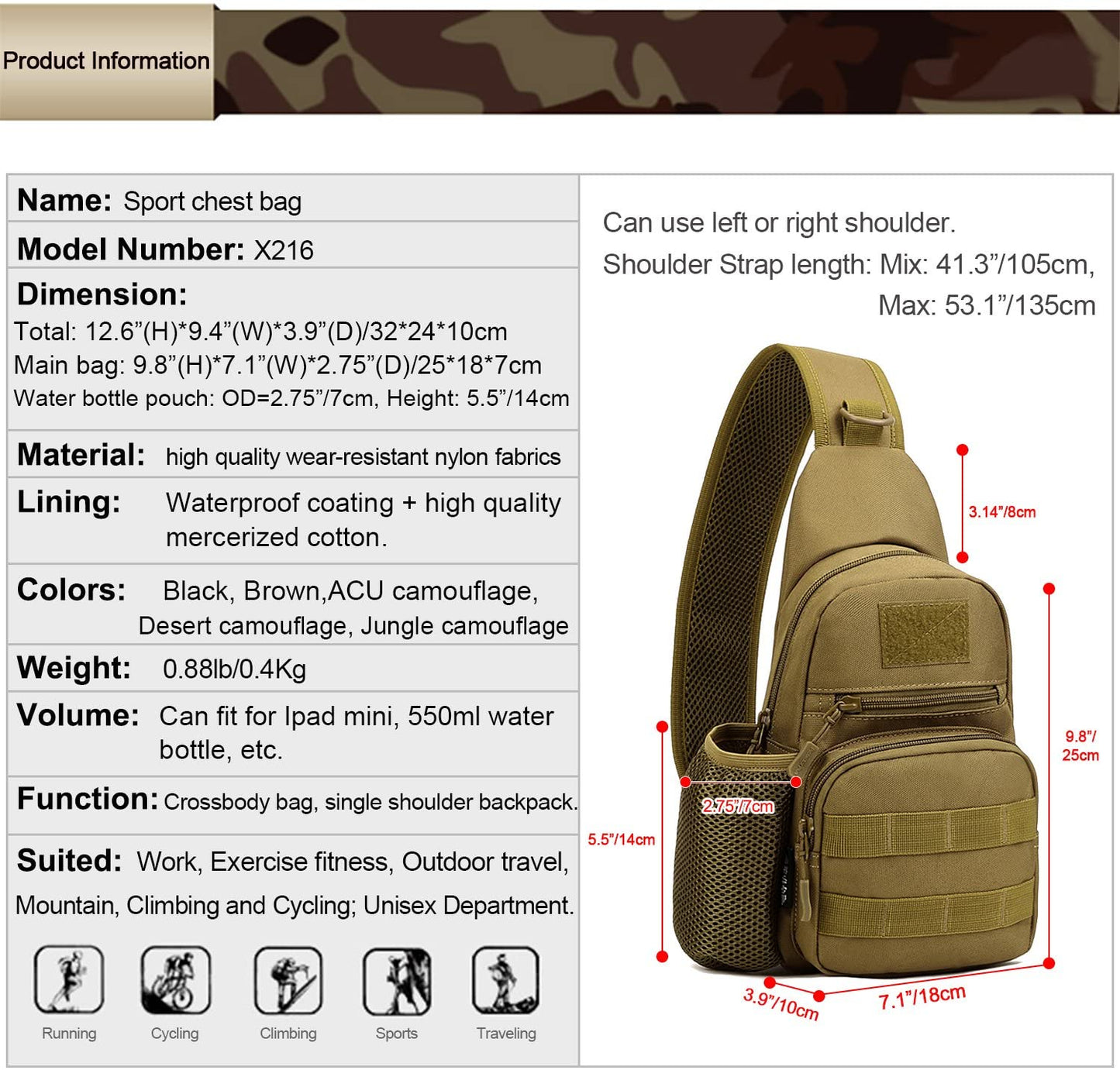 Tactical Outdoor Chest/Shoulder Bag with Bottle Holder