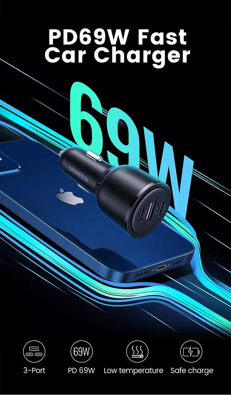 Ugreen 69W 3 Ports Super Fast Car Charger PD+QC3.0 1A+2C ports