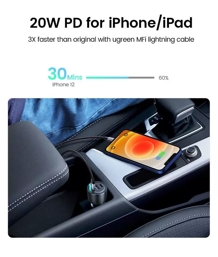 Ugreen 69W 3 Ports Super Fast Car Charger PD+QC3.0 1A+2C ports