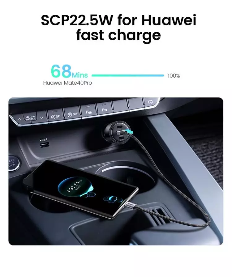 Ugreen 69W 3 Ports Super Fast Car Charger PD+QC3.0 1A+2C ports