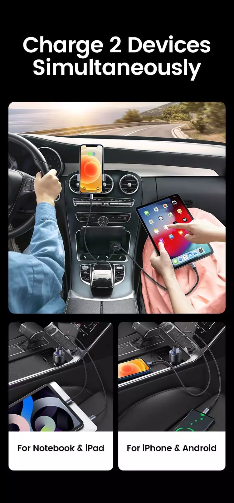 Ugreen 69W 3 Ports Super Fast Car Charger PD+QC3.0 1A+2C ports