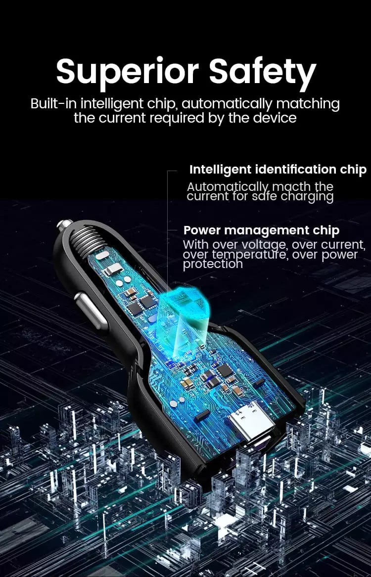 Ugreen 69W 3 Ports Super Fast Car Charger PD+QC3.0 1A+2C ports