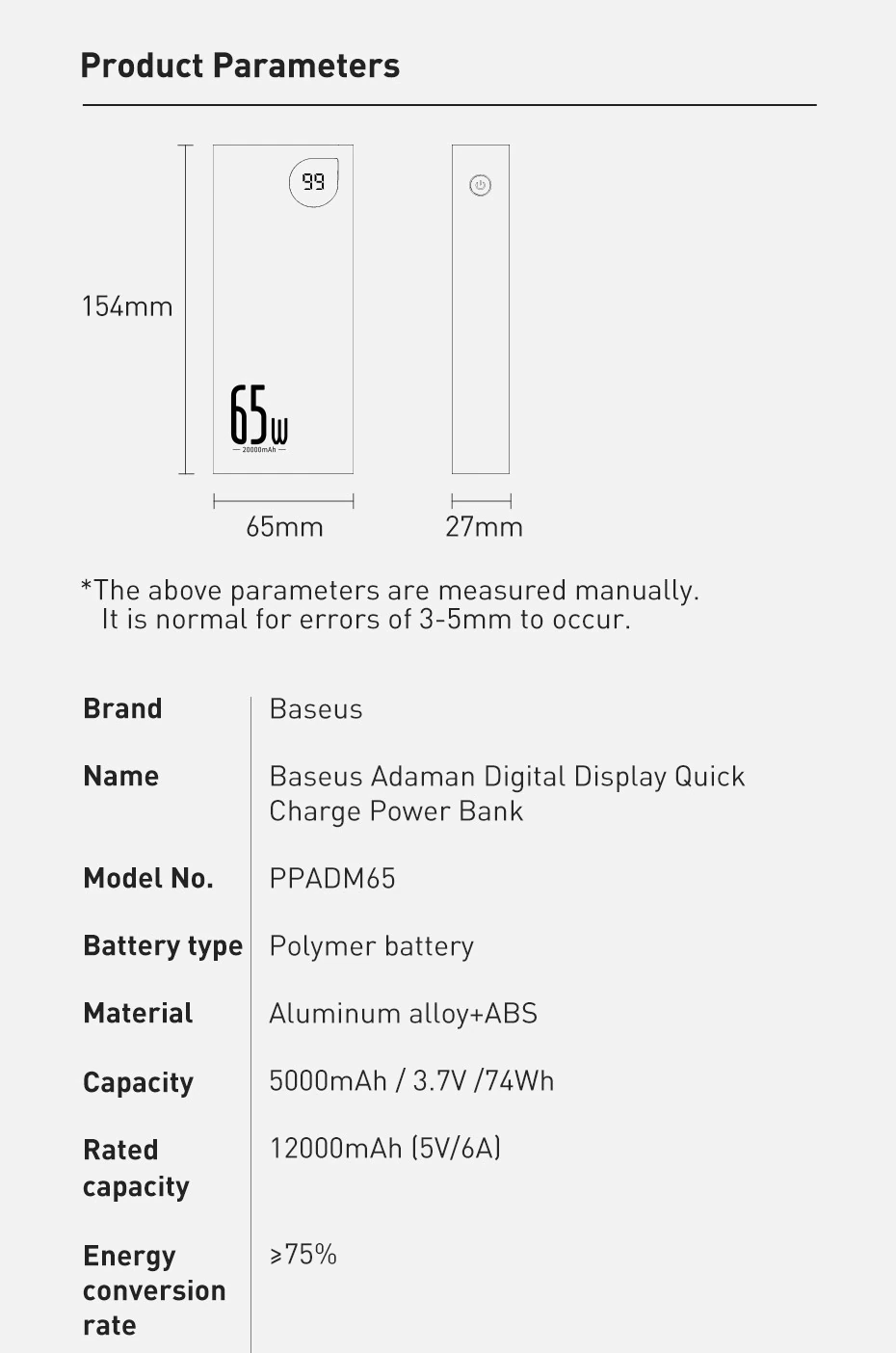 Baseus ADAMAN 65W 20000mAh Metal Power Bank | Digital Display | Type-C & Micro input