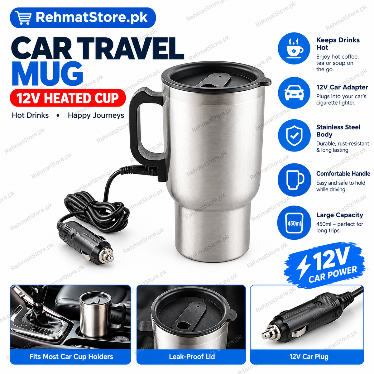 Car Travel Heating Cup Stainless Steel | 450ml | 12v | Car Cup Holder Friendly