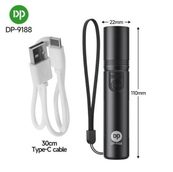 Mini Pocket Torch Light / Flashlight | 2W Zoomable | 800mAh Type-C Charging | DP-9188 | Black)