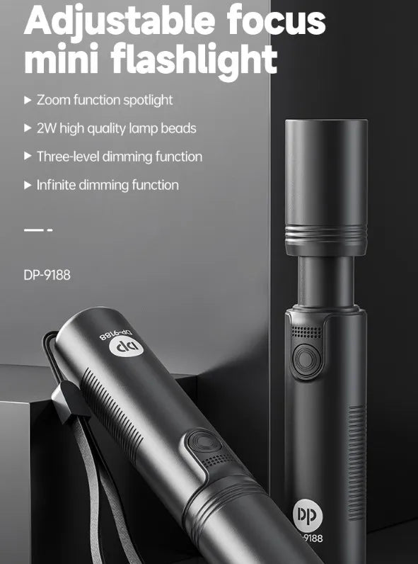 Mini Pocket Torch Light / Flashlight | 2W Zoomable | 800mAh Type-C Charging | DP-9188 | Black)