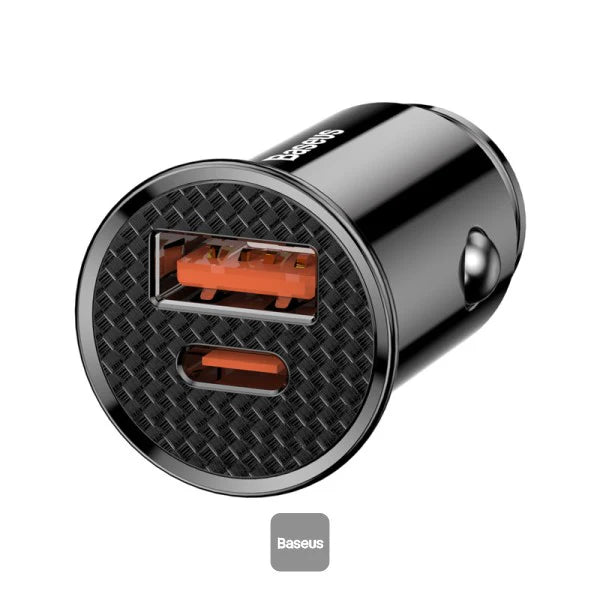 Baseus 30W Fast Car Charger with USB-A + Type-C Port | Circular Plastic