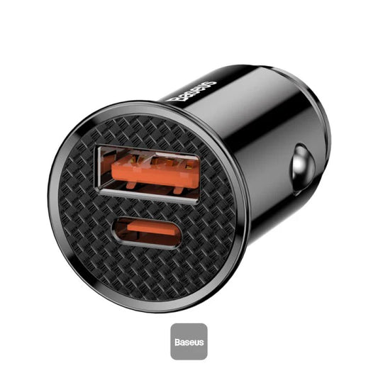 Baseus 30W Fast Car Charger with USB-A + Type-C Port | Circular Plastic