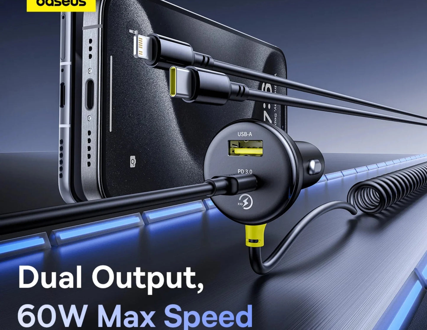 Baseus 60W Car Charger 1C1A + C&L Spring Cable | Circular Spring