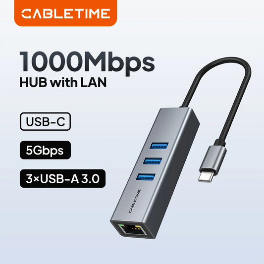 CABLETIME Type-C to 3xUSB-A + RJ45 Ethernet LAN Adapter | CB54G