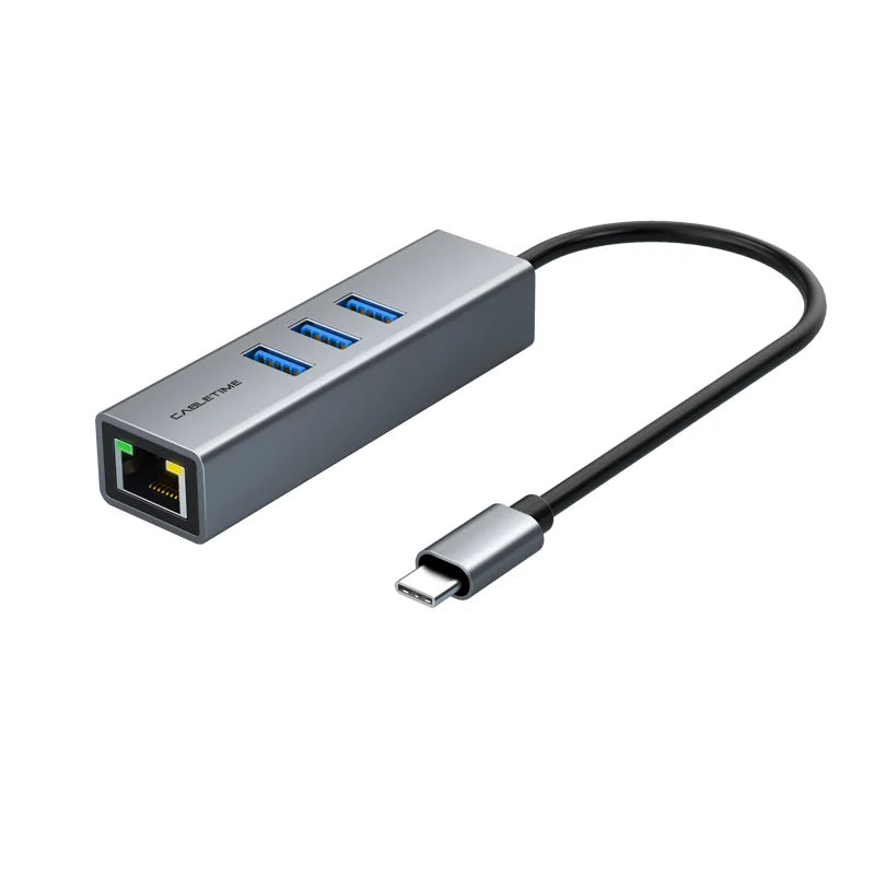 CABLETIME Type-C to 3xUSB-A + RJ45 Ethernet LAN Adapter | CB54G