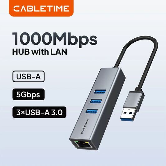 CABLETIME USB-A to 3xUSB-A + RJ45 Ethernet LAN Adapter | CB55G