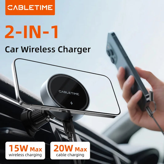 Cabletime 15W Magnetic Wireless + 20W Wired Retractable Car Charging MagSafe Phone Holder | CE13B