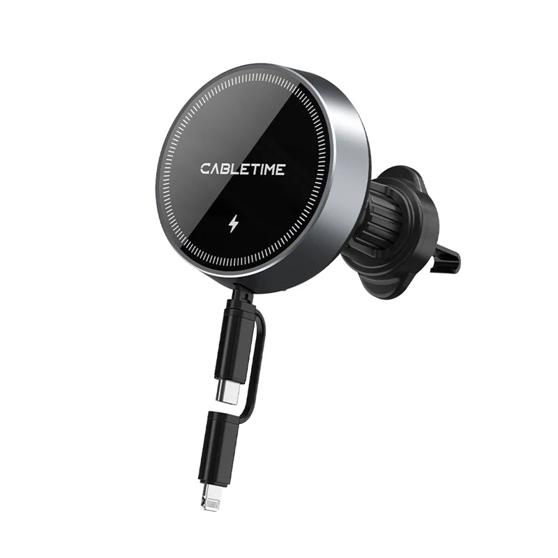 Cabletime 15W Magnetic Wireless + 20W Wired Retractable Car Charging MagSafe Phone Holder | CE13B