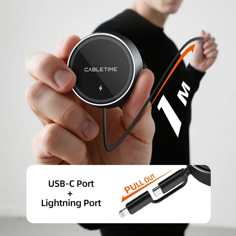 Cabletime 15W Magnetic Wireless + 20W Wired Retractable Car Charging MagSafe Phone Holder | CE13B