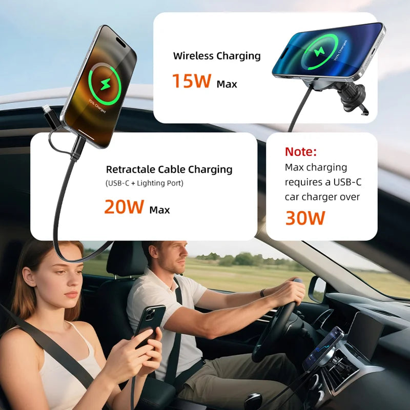 Cabletime 15W Magnetic Wireless + 20W Wired Retractable Car Charging MagSafe Phone Holder | CE13B