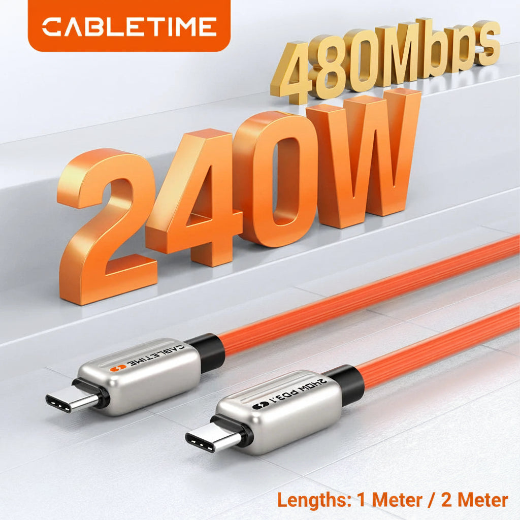 Cabletime 240W/PD3.1 Type-C to Type-C Thick Silicone Cable | 1m/2m | CU04H/CU04L | Orange