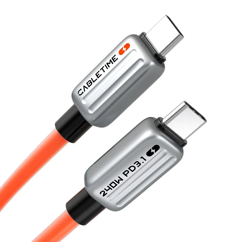 Cabletime 240W/PD3.1 Type-C to Type-C Thick Silicone Cable | 1m/2m | CU04H/CU04L | Orange