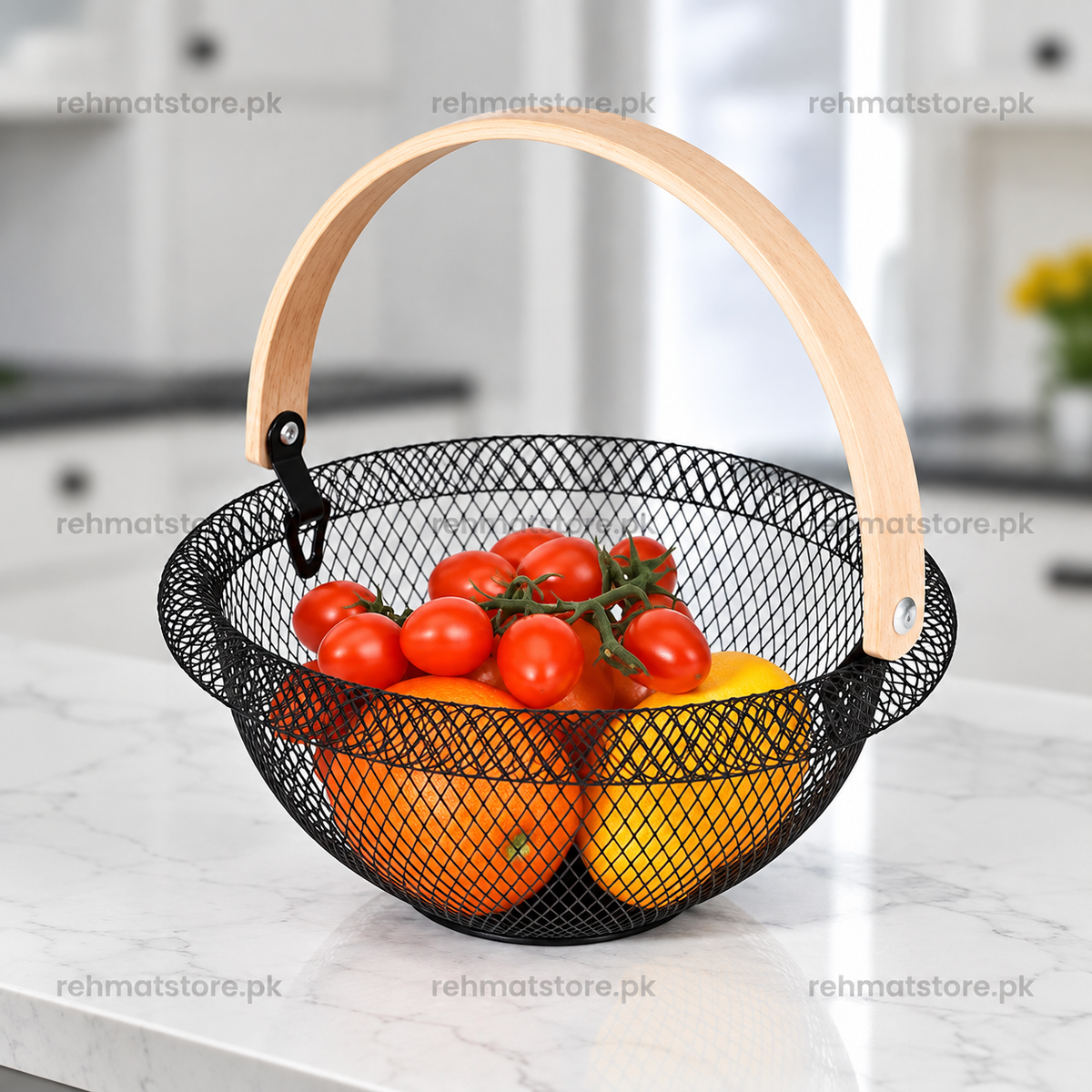 Multipurpose Metal Mesh Fruit Basket with wooden Handle | Black