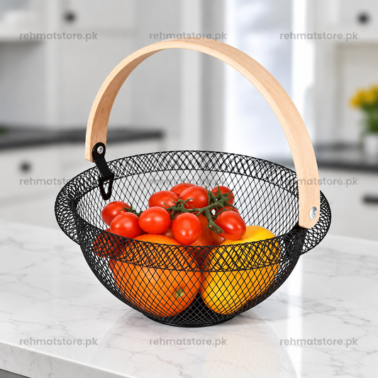 Multipurpose Metal Mesh Fruit Basket with wooden Handle | Black