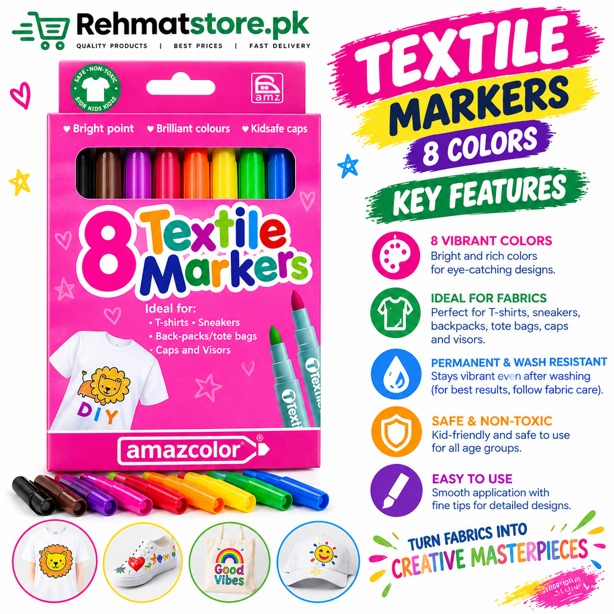 Amazcolor Textile Markers 8Piece For Fabrics |80738