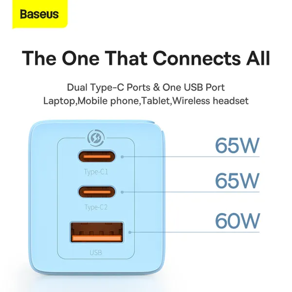 Baseus GaN3 Pro Fast Charger 2C+U 65W CN Cloud Blue With Data Cable Type-C 100W