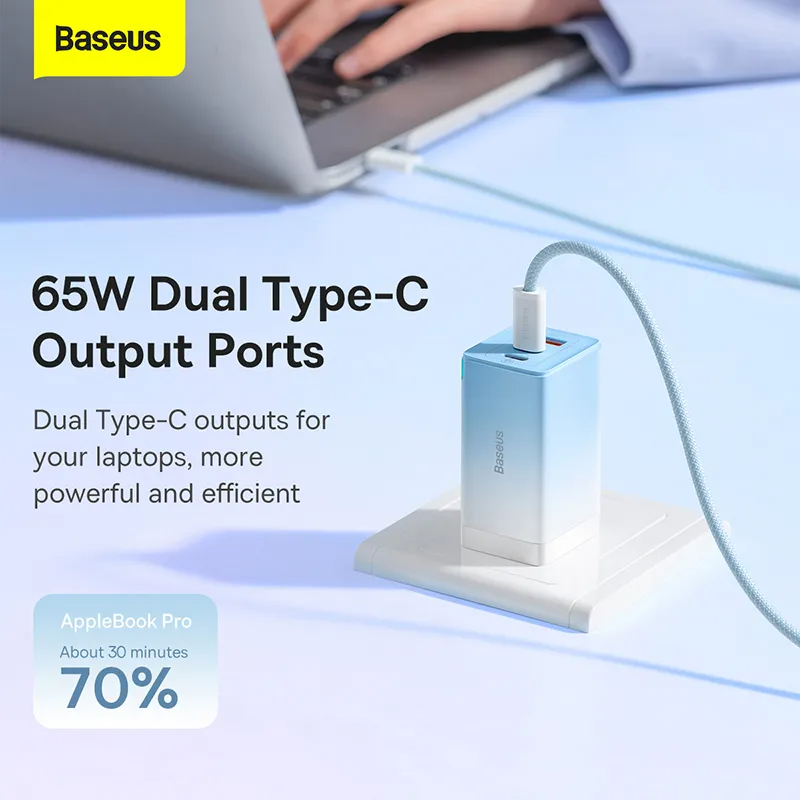 Baseus GaN3 Pro Fast Charger 2C+U 65W CN Cloud Blue With Data Cable Type-C 100W