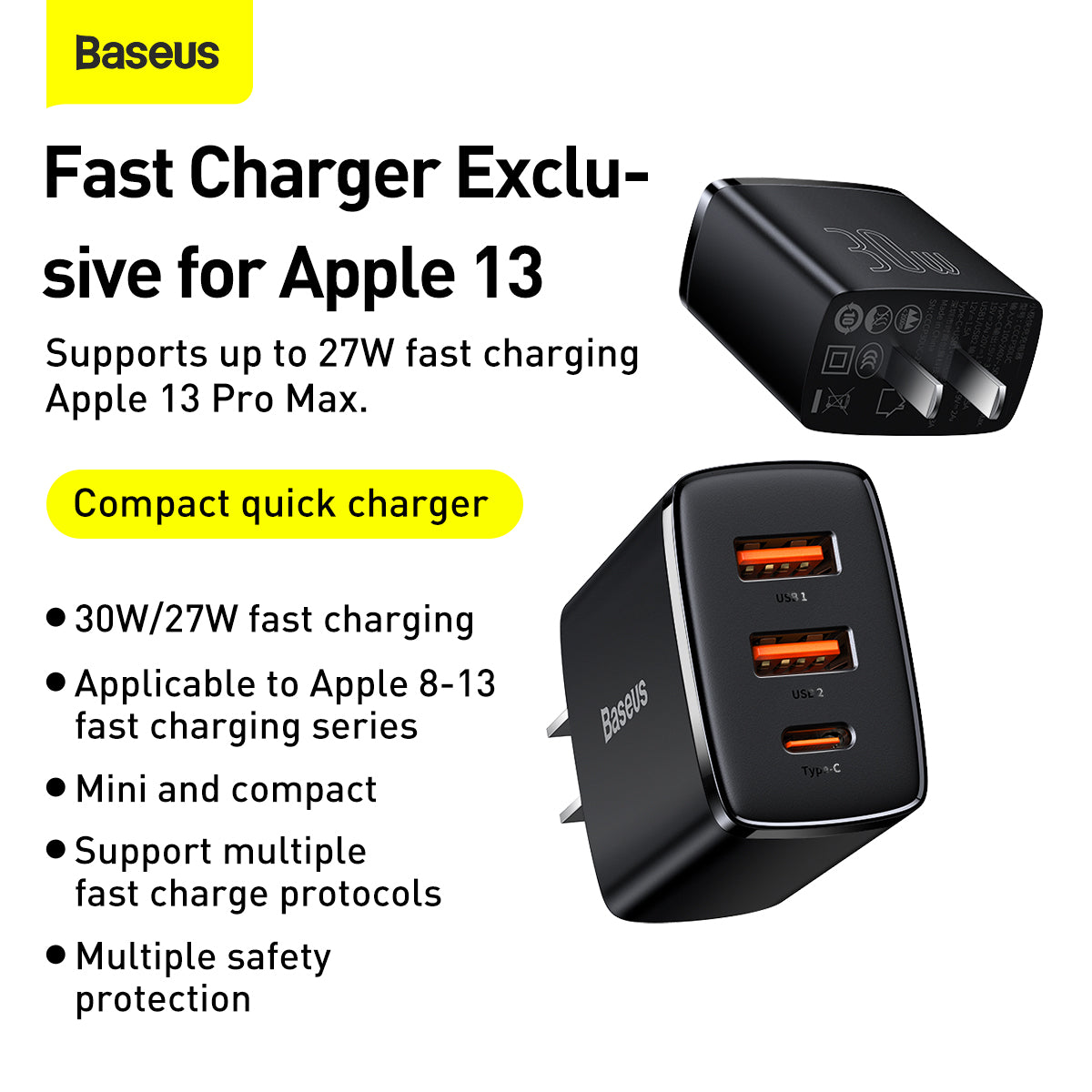 Baseus Compact Quick Fast Charger 2U+C 30W CN Adapter