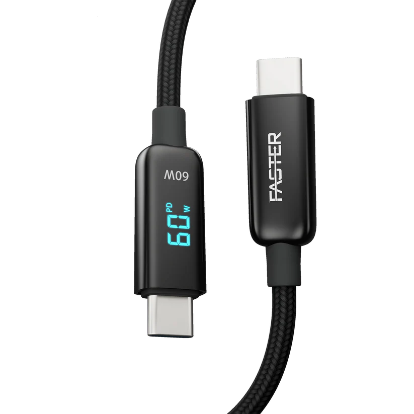 Faster 60W Nylon Braided Type-C to Type-C Cable with LED Display
