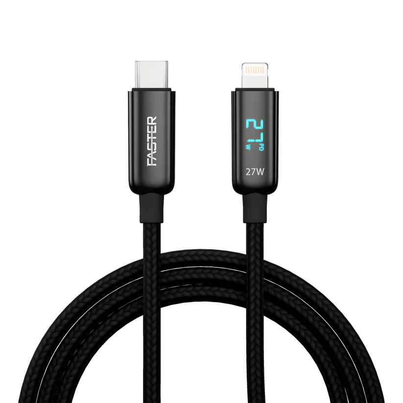 Faster 27W Nylon Braided Type-C to Lightening Cable with LED Display