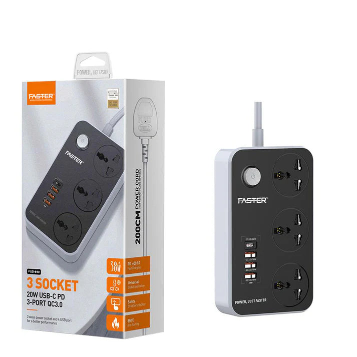 Faster 3 Socket Electrical Extension Lead | 20W 3 USB-A + 1 Type-C PD | 10A~2500W socket | FUS-640